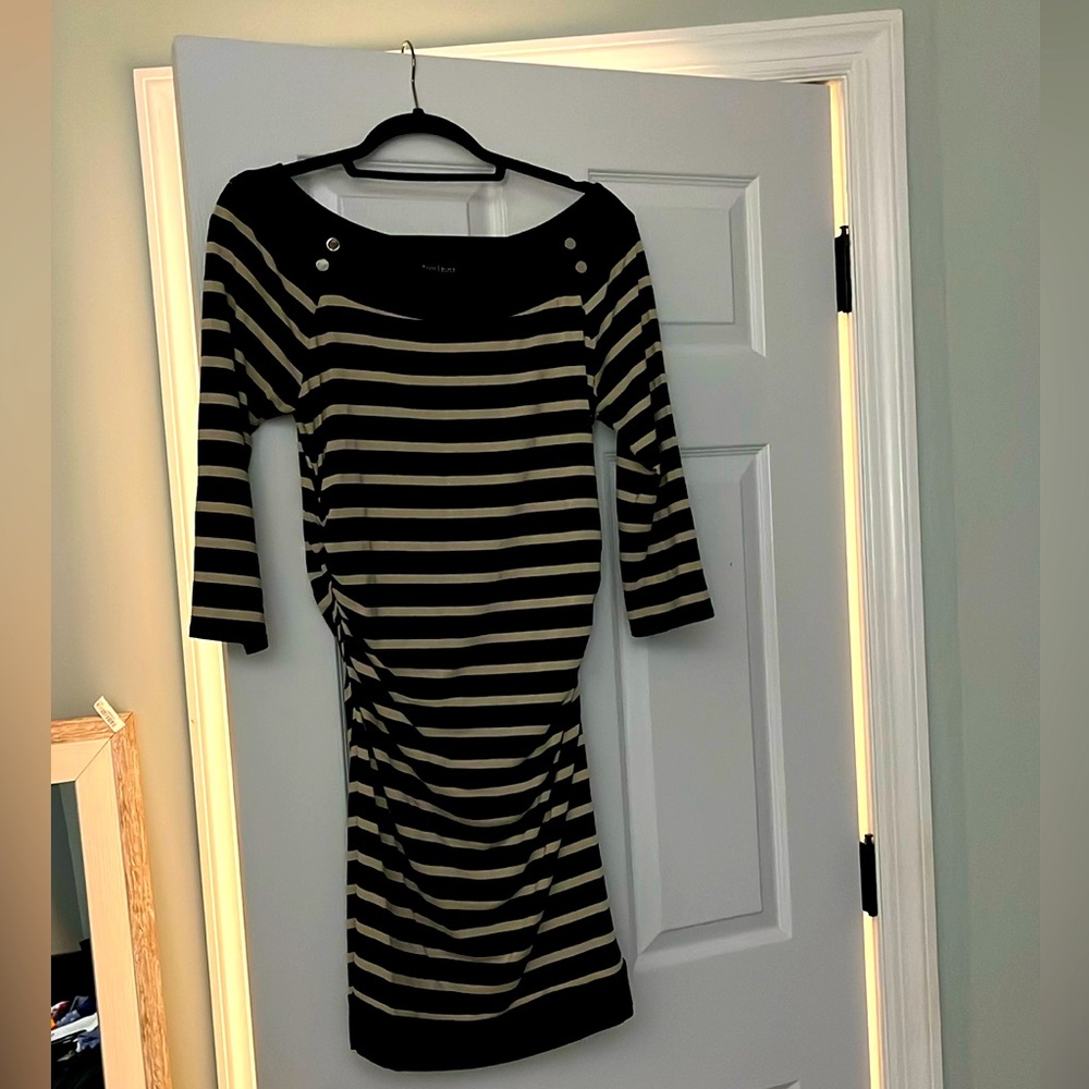White House Black Market Metallic Gold Striped Ruched Dress size Medium